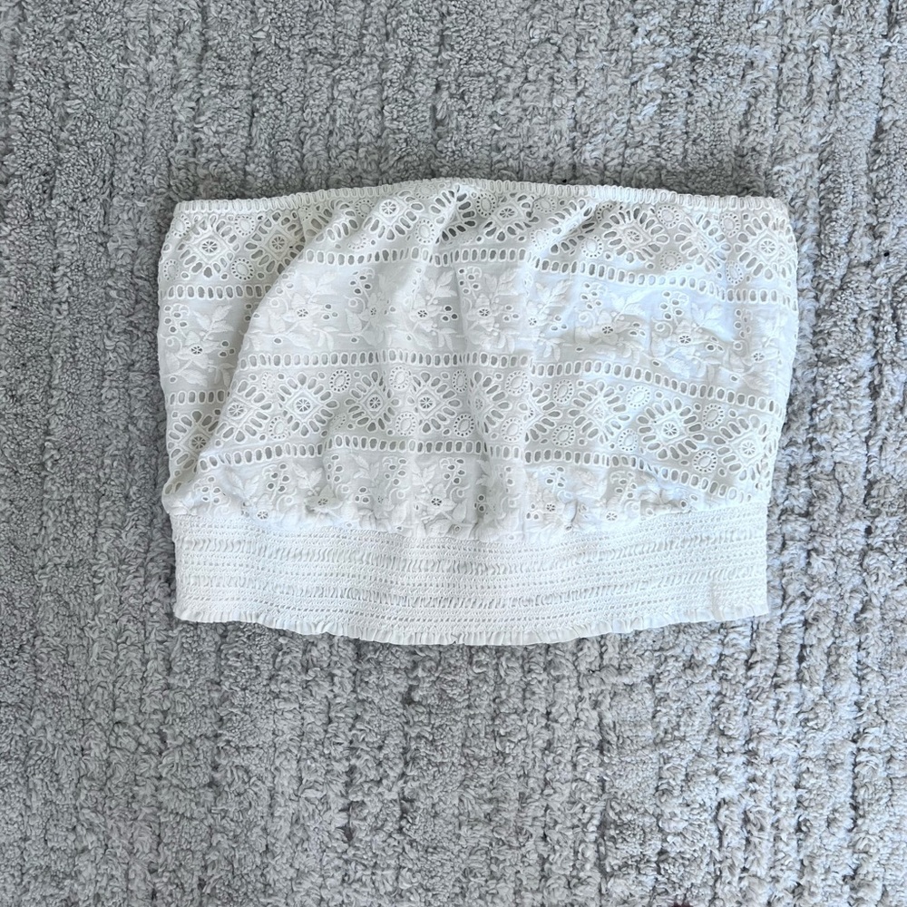 Alice and Olivia Embroidery Detailed Cream Strapless Top With Cinched Waist Sz 8